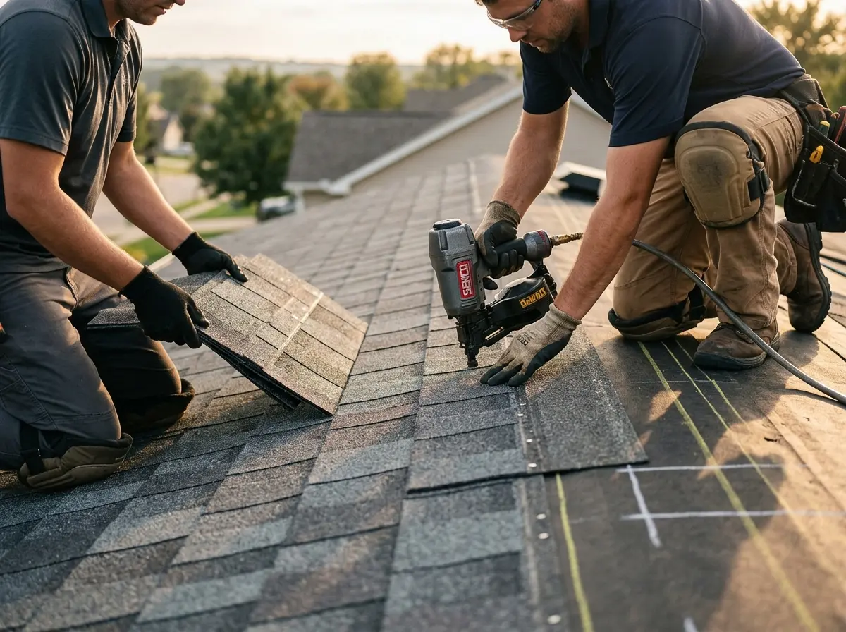 Professional roofer working on a residential roof in Foxborough